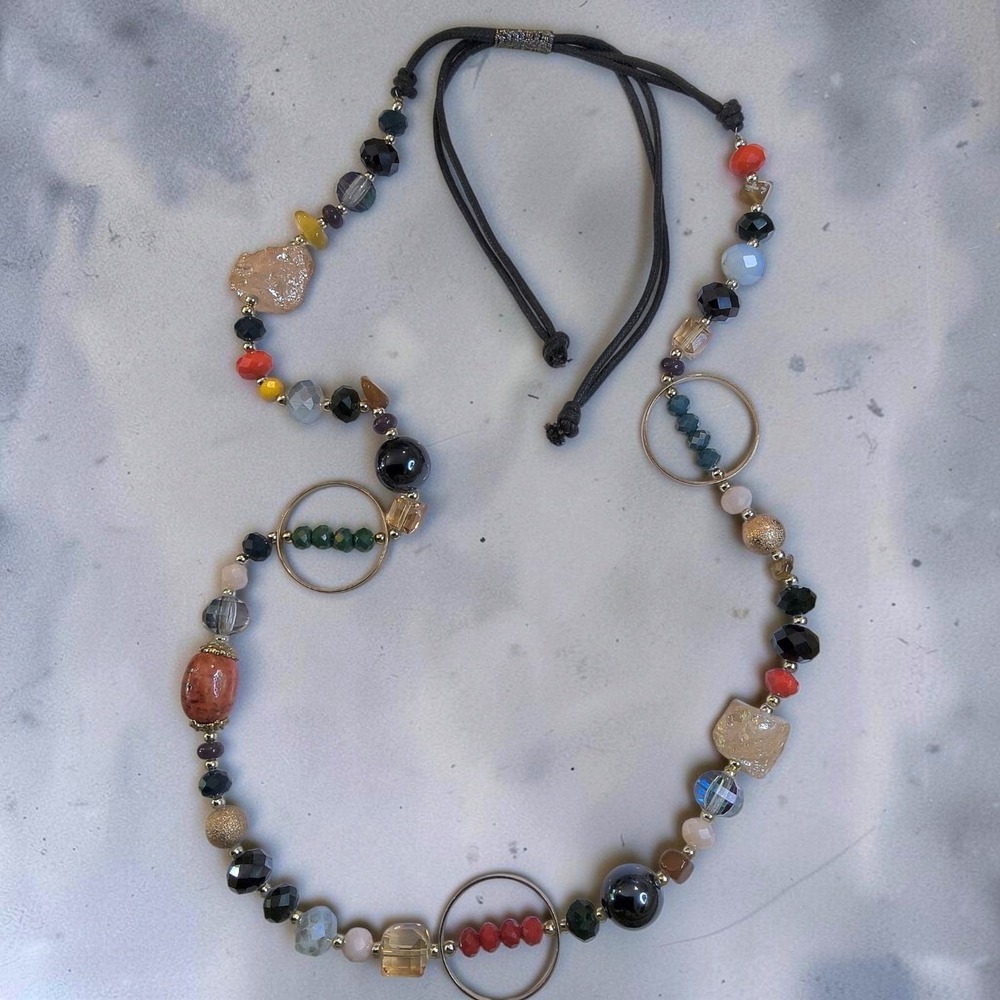 Vintage Y2K Mixed Gemstone Art Glass Shell Boho Statement Necklace